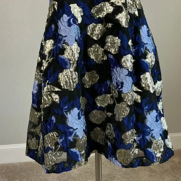 Badgley Mischka Metallic Floral Print A-Line Cocktail Dress Blue Multi Size 12 - Picture 10 of 13